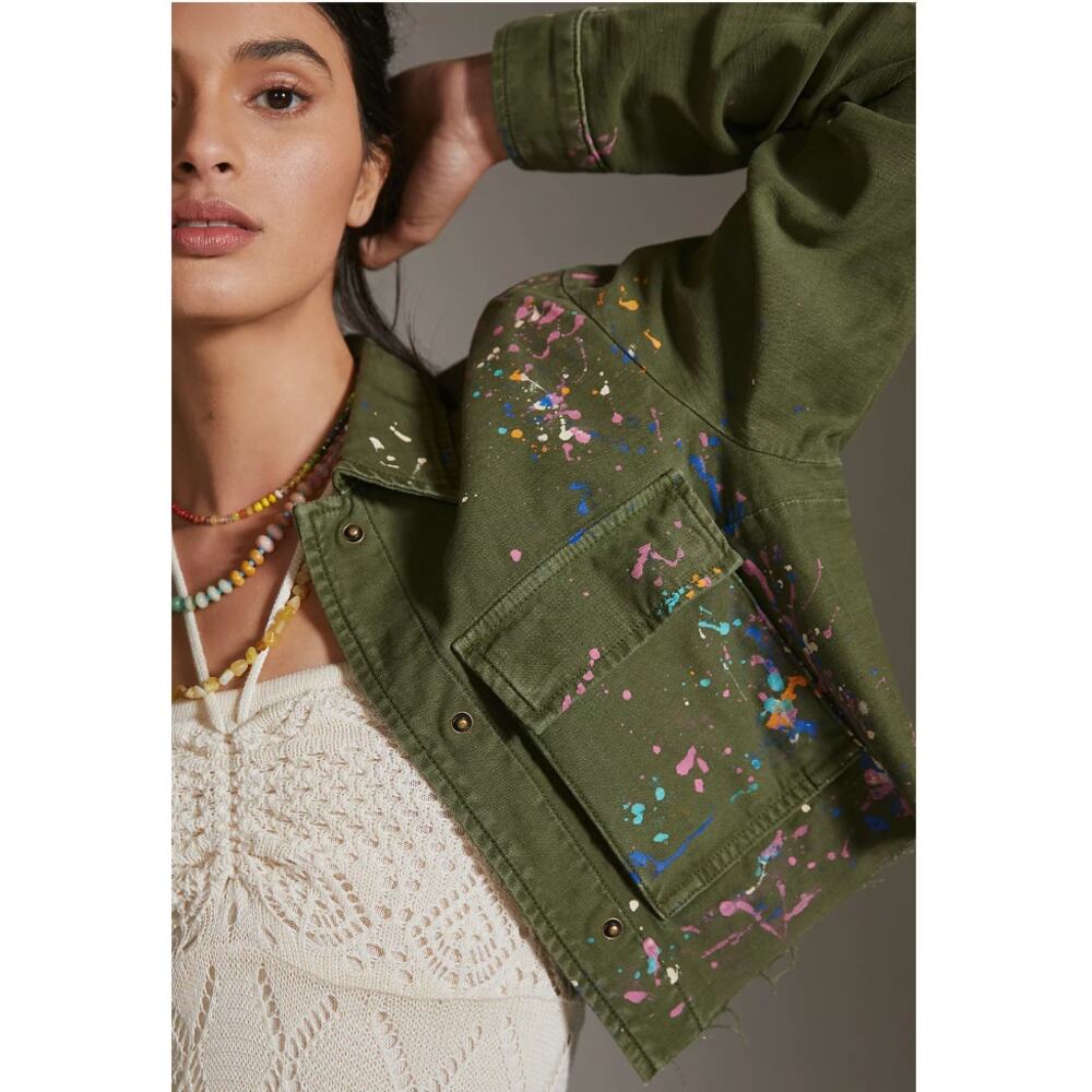 Pilcro Cropped Green Utility Jacket Paint Splatter Small - Picture 6 of 7